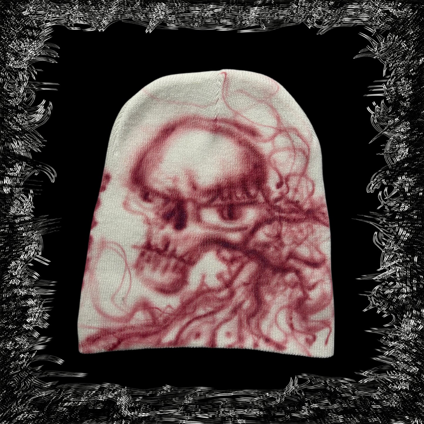 1 of 1 metallic red skull beanie