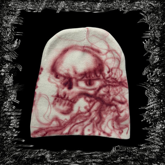 1 of 1 metallic red skull beanie